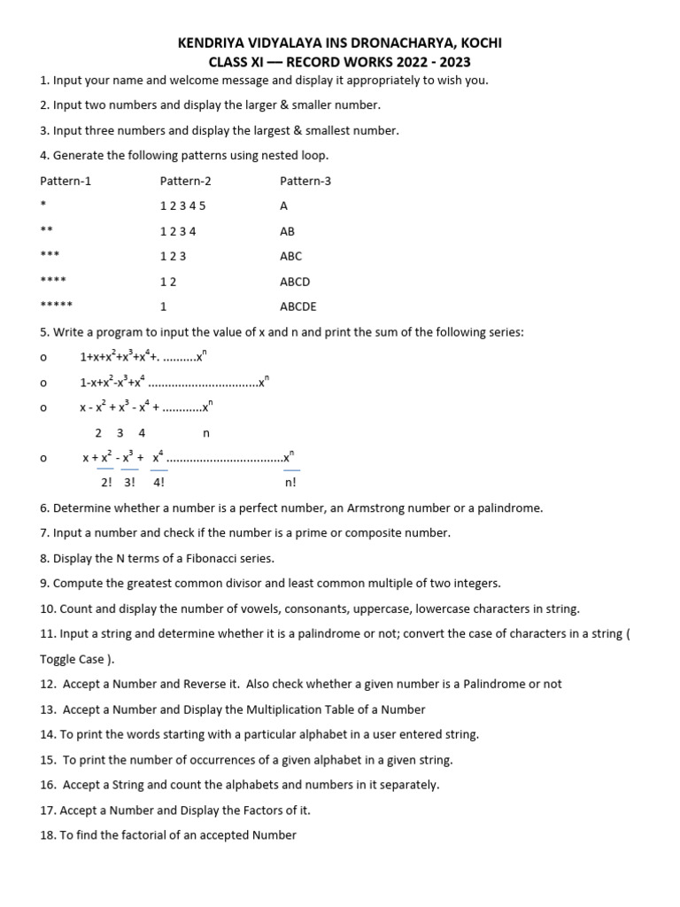 Python Programming Exercises for Class XI | PDF | Numbers | String ...