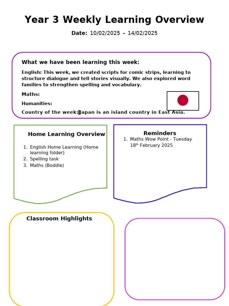 Year 3 Weekly Learning Overview: Feb 2025 | PDF