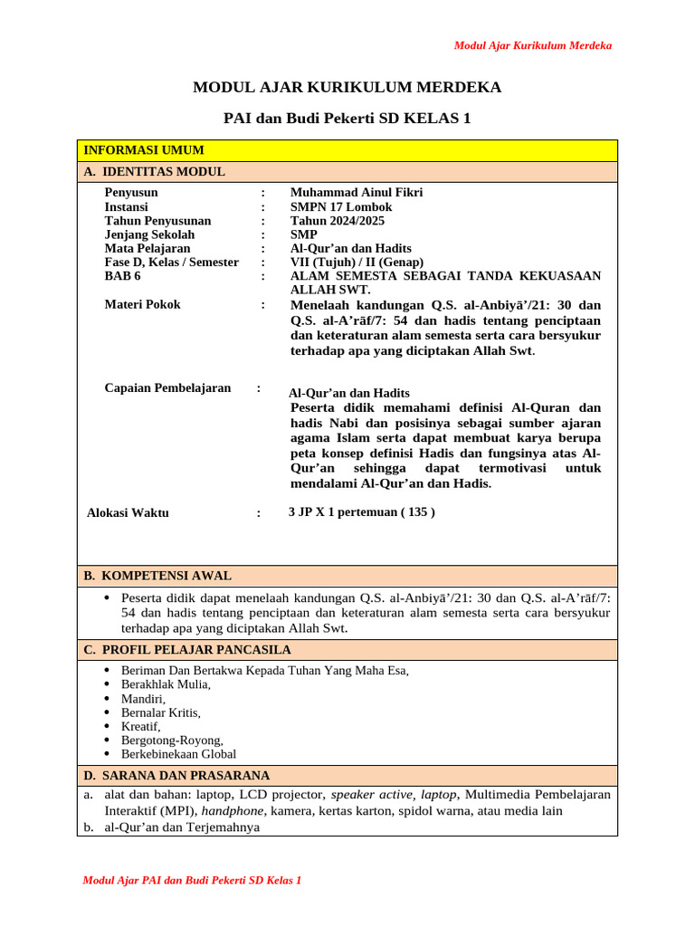 Modul Ajar PAI Kelas 1 Kurikulum Merdeka | PDF
