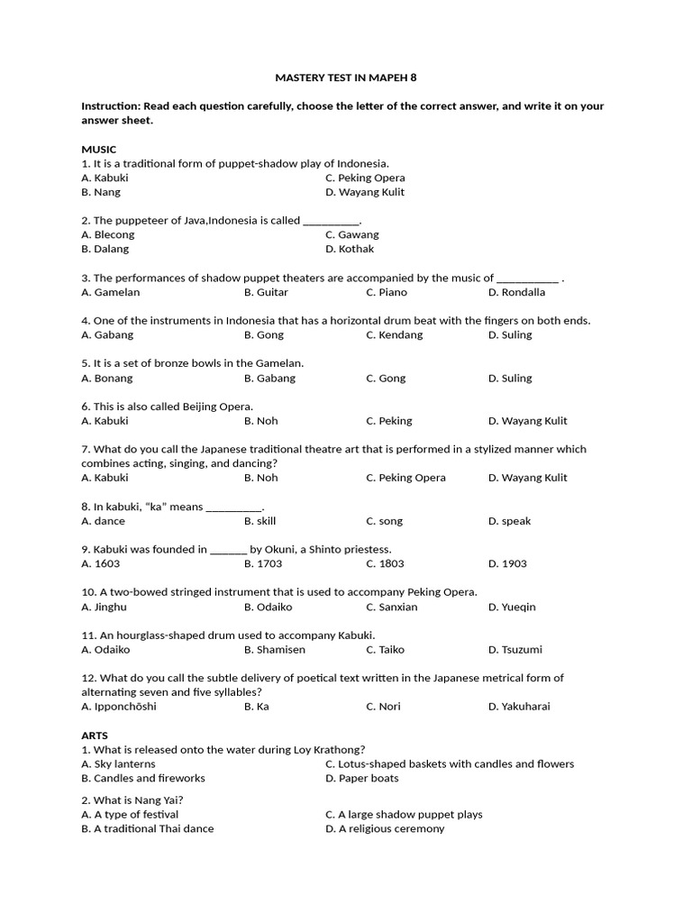 MAPEH 8 Mastery Test Questions | PDF | Alcoholic Beverages