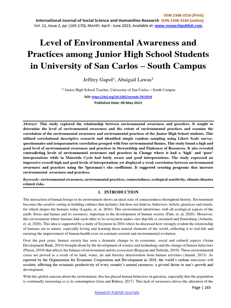 Level Of Environmental Awareness And Pra Pdf Sustainability