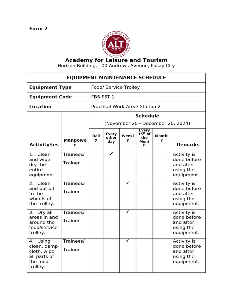 Form 2 Equipment Maintenance Schedule | PDF