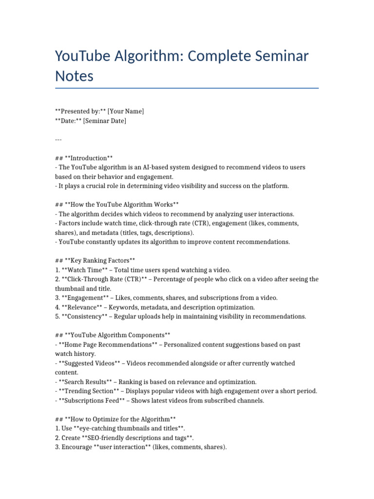 YouTube Algorithm Seminar Notes No Questions | PDF | You Tube | Search ...