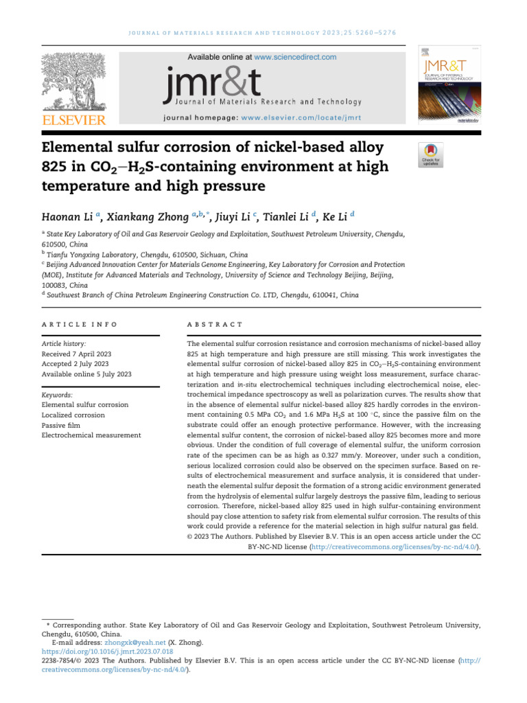 Elemental Sulfur Corrosion of Alloy 825 | PDF | Corrosion | Spectral ...