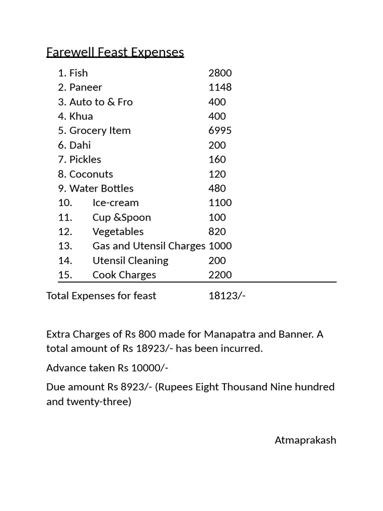 Farewell Feast Expenses | PDF