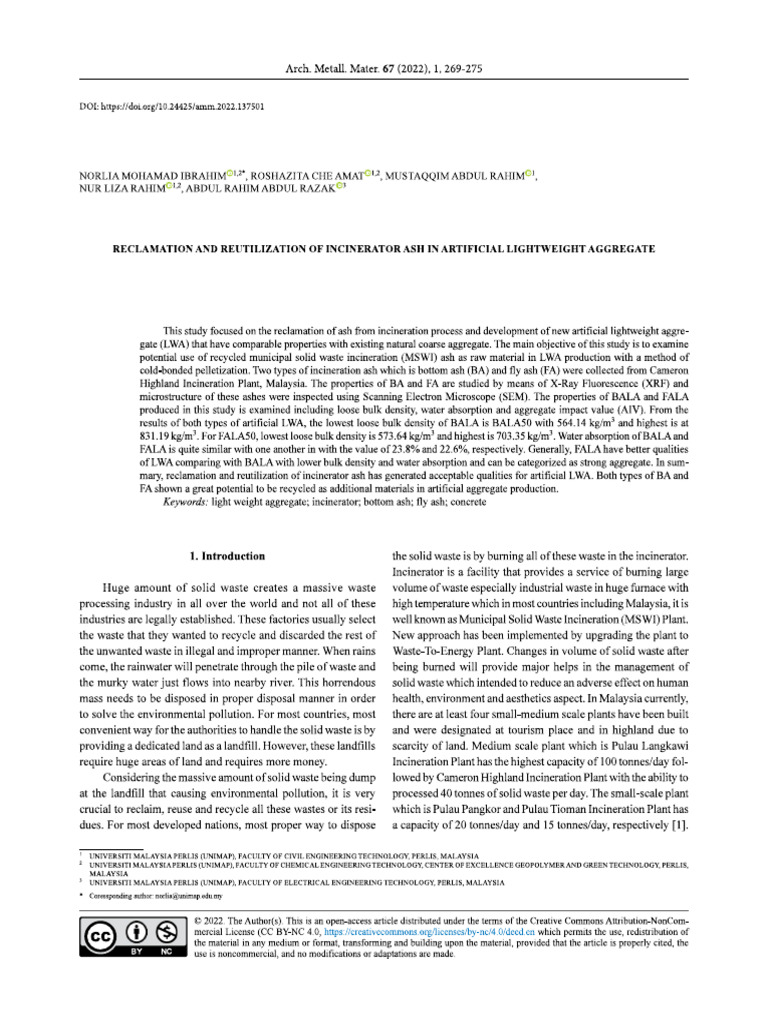 Reclamation and Reutilization of Incinerator Ash in Artificial ...