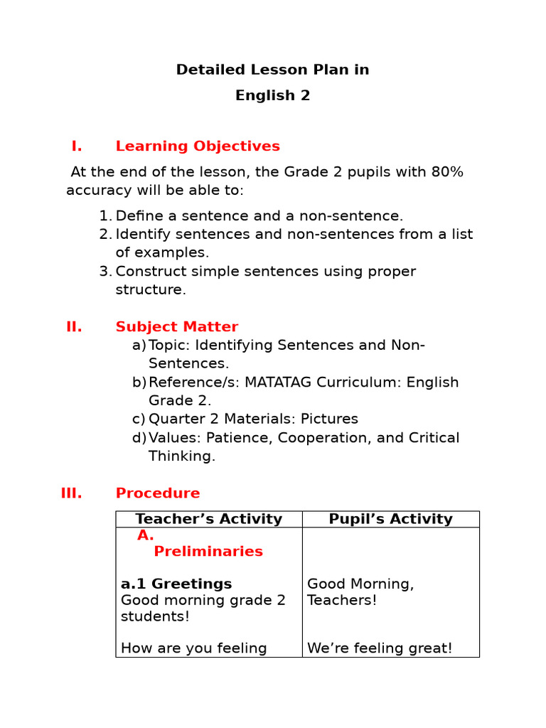 Lesson Plan: Sentences vs Non-Sentences | PDF | Lesson Plan | Teachers