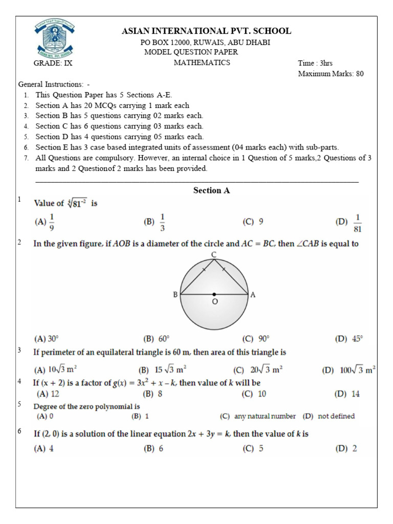 Grade IX Mathematics Model Paper | PDF | Circle | Perpendicular