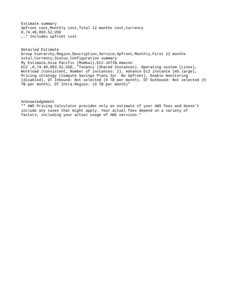 AWS EC2 Cost Estimate Summary | PDF