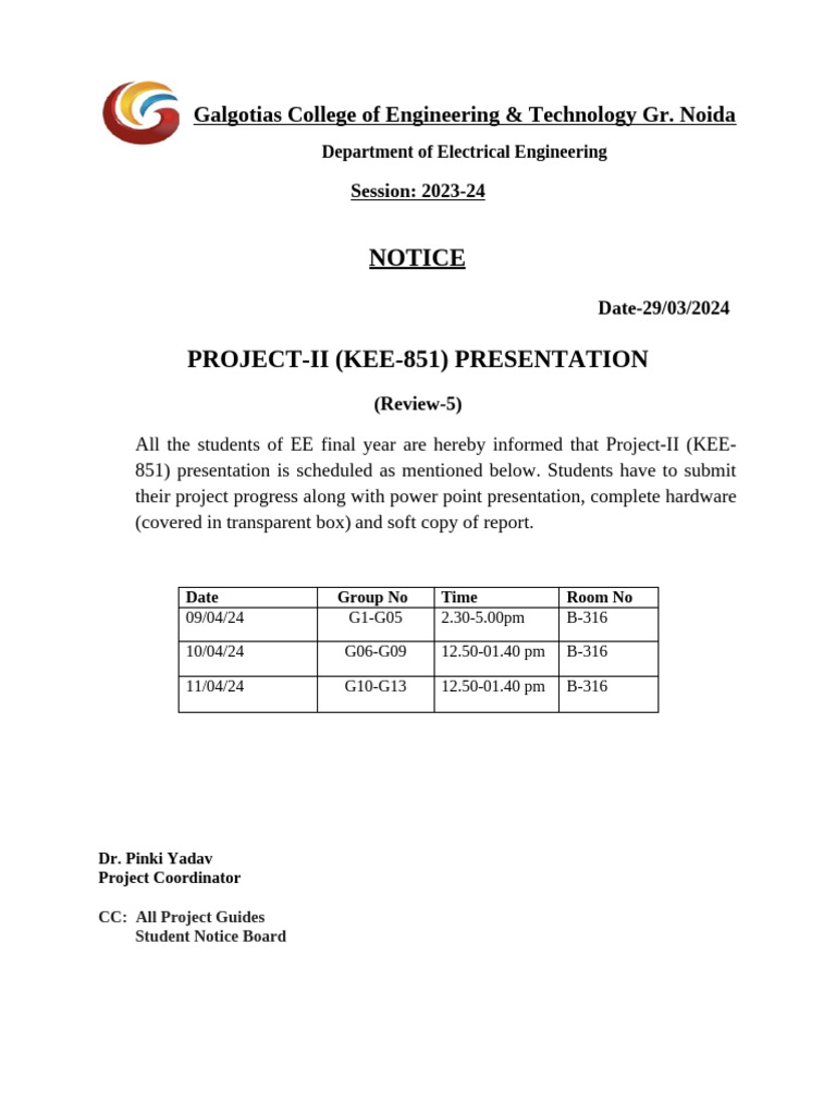 EE Final Year Project Presentation Schedule | PDF