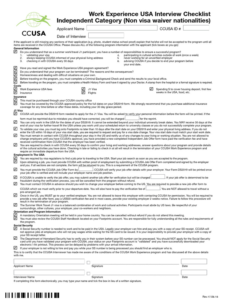 CCUSA J1 Visa Interview Checklist | PDF | Travel Visa | Insurance