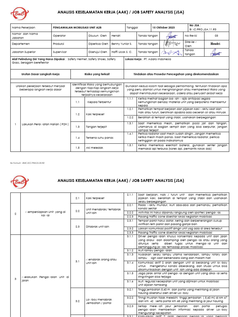 BMC - PRO.JSA.11.R3. Pengawalan Mobilisasi Unit A2B - 2023 | PDF