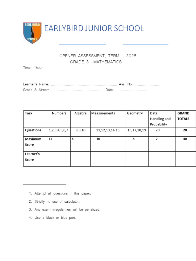 Grade 8 Mathematics Term 1 Exam 2025 | PDF | Area | Circle