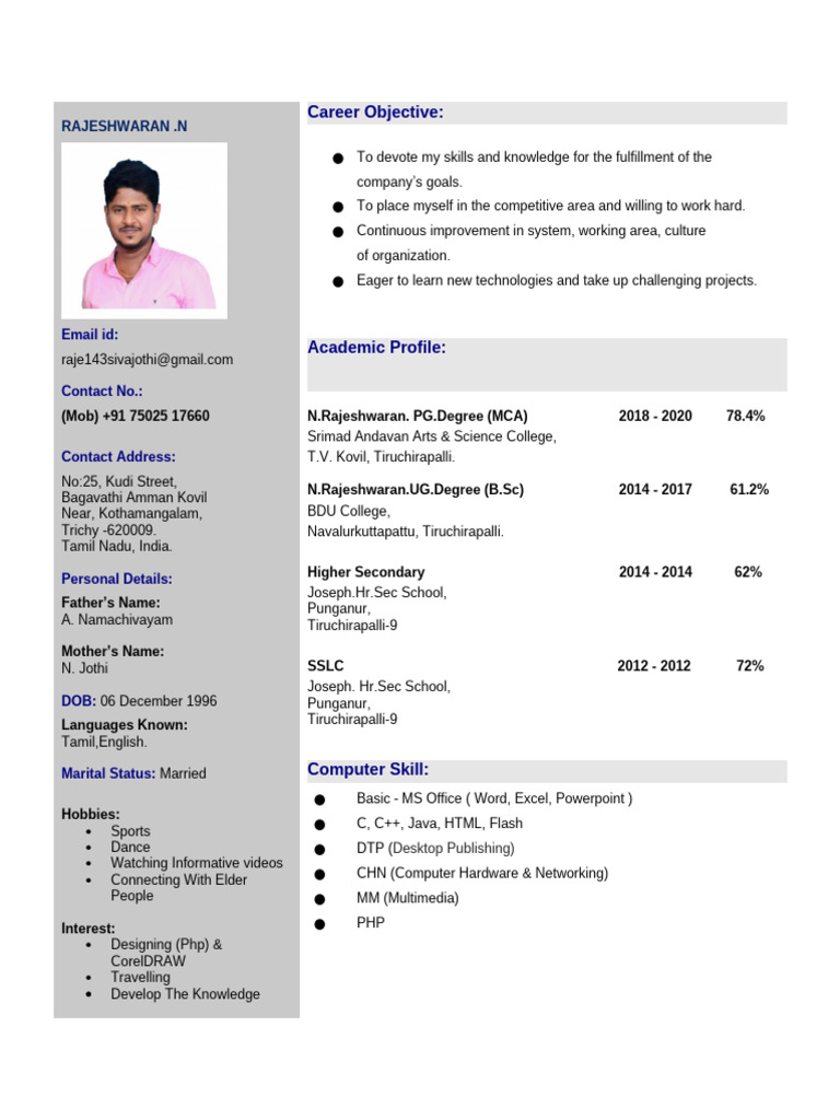 Resume of Rajeshwaran N - MCA Graduate | PDF | Computing | Software
