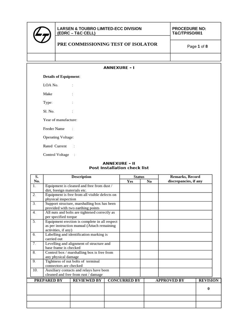 Isolator Pre-Commissioning Test Procedure | PDF | Switch | Electricity