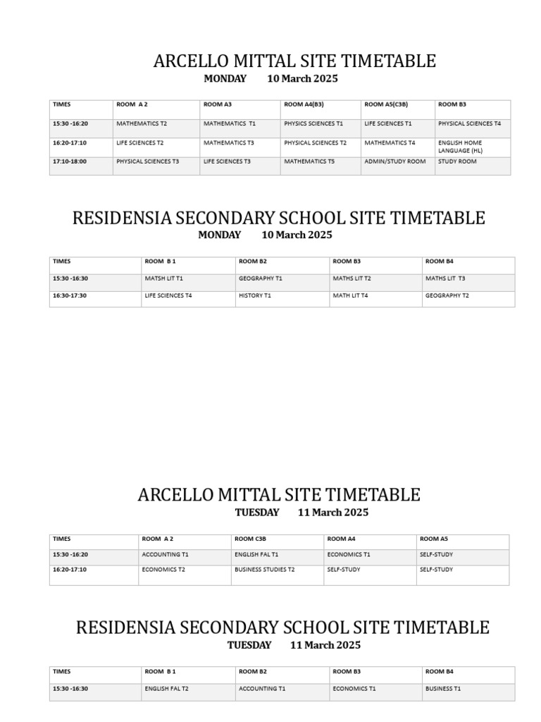 Weekly Timetable for Arcello Mittal & Residensia Schools | PDF