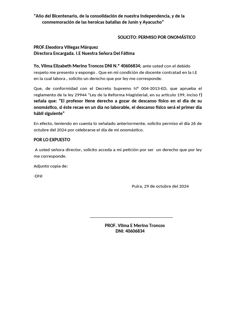 Solicito Permiso Por Onomástico Amauta - Perú | PDF