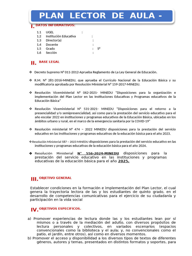 Plan Lector 2025 para Quinto Grado | PDF | Educación primaria | Salón ...