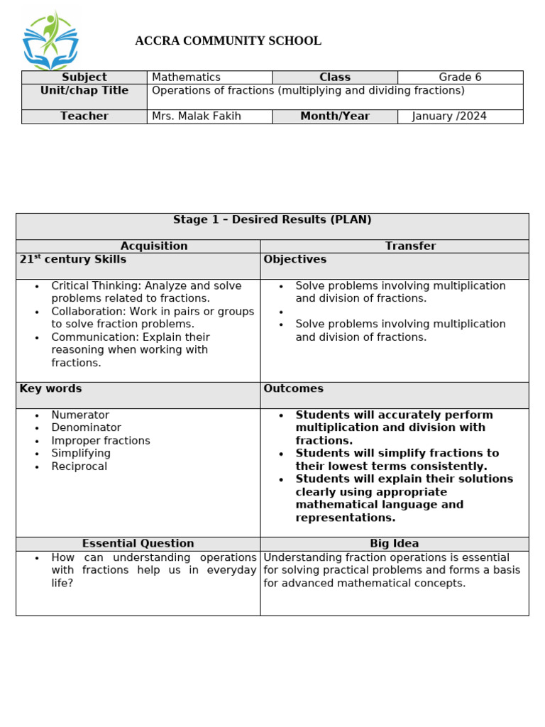grade 6-mathematics-ubd -operations of fractions | PDF | Multiplication ...
