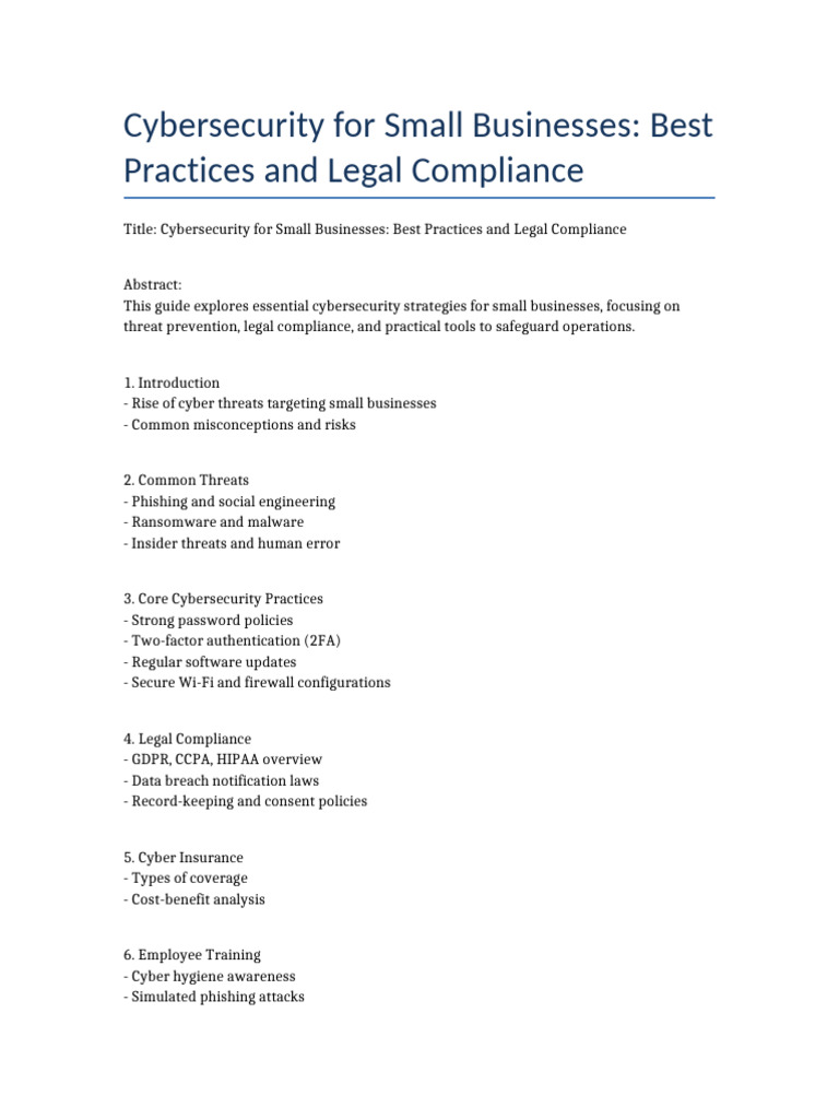 Cybersecurity For Small Businesses Best Practices and Legal Compliance ...