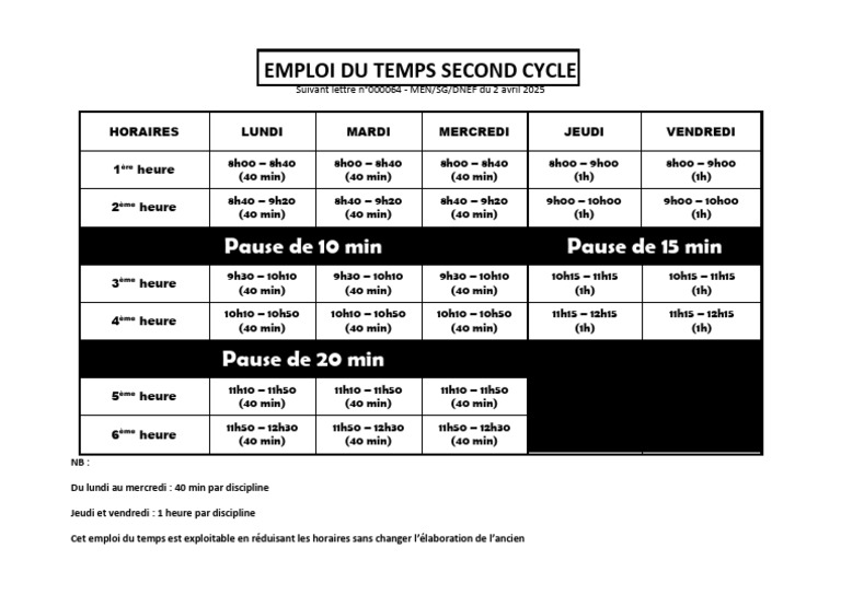 Emploi du Temps Second Cycle 2025 | PDF