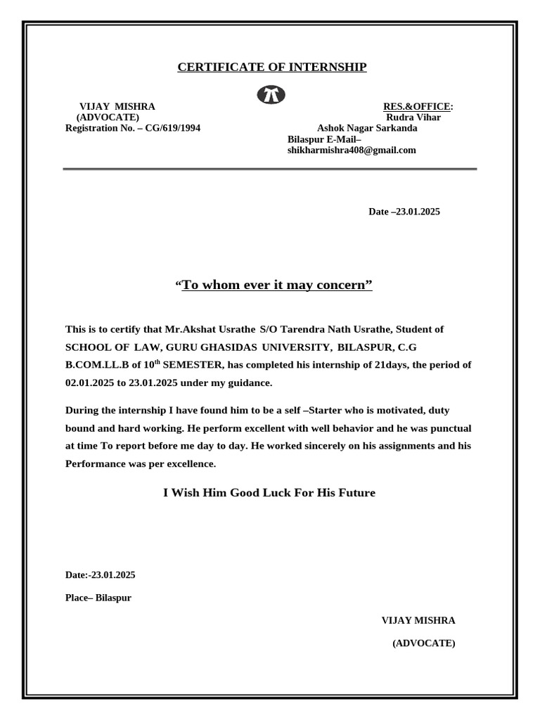 Internship Certificates for Law Students | PDF | Behavior Modification ...
