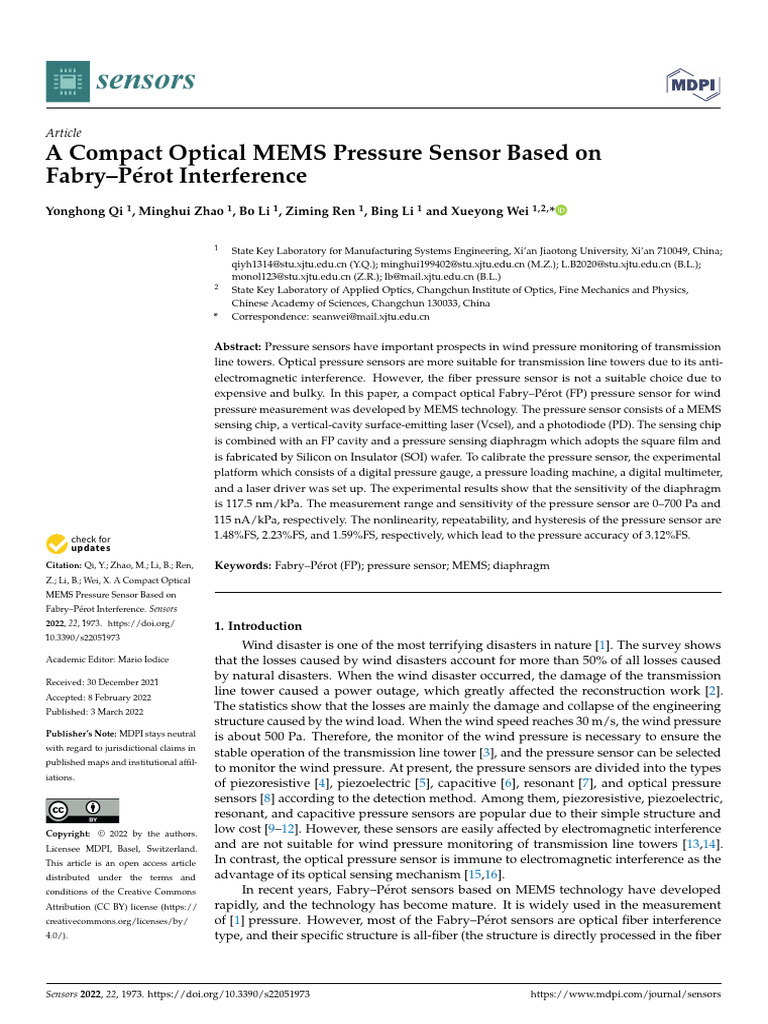 A Compact Optical MEMS Pressure Sensor Based On Fa | PDF | Pressure ...