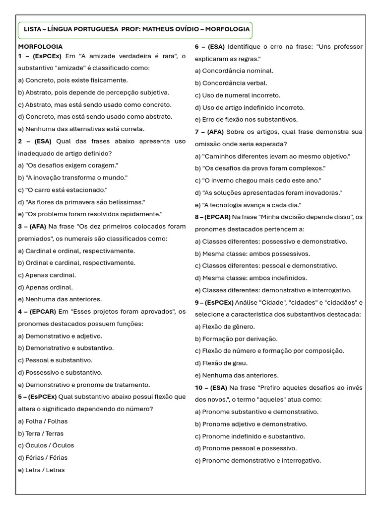 Questões de Morfologia e Sintaxe em Português | PDF | Pronome | Assunto ...