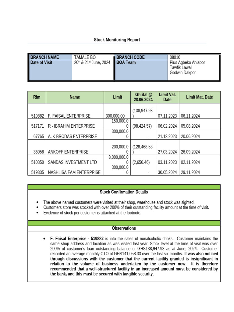 Stock Monitoring Report - Tamale Customers 2024 | PDF | Private Sector ...