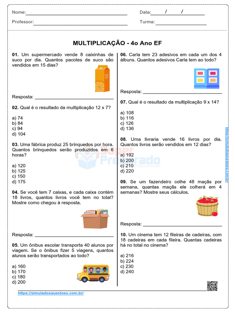 Atividades de Multiplicação 4º Ano | PDF