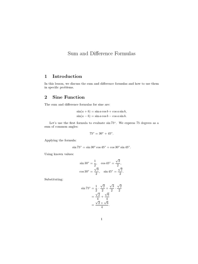 Sine Formulas for 15° and 75° | PDF | Trigonometric Functions | Special ...