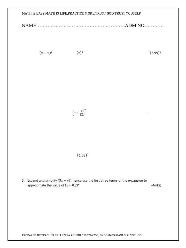 Form 3 Binomial Expansion Exam | PDF | Mathematics | Algebra