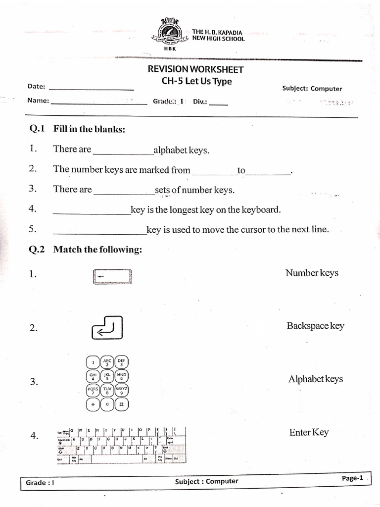Grade 1 - Computer - CH 5 - Revision Worksheet | PDF
