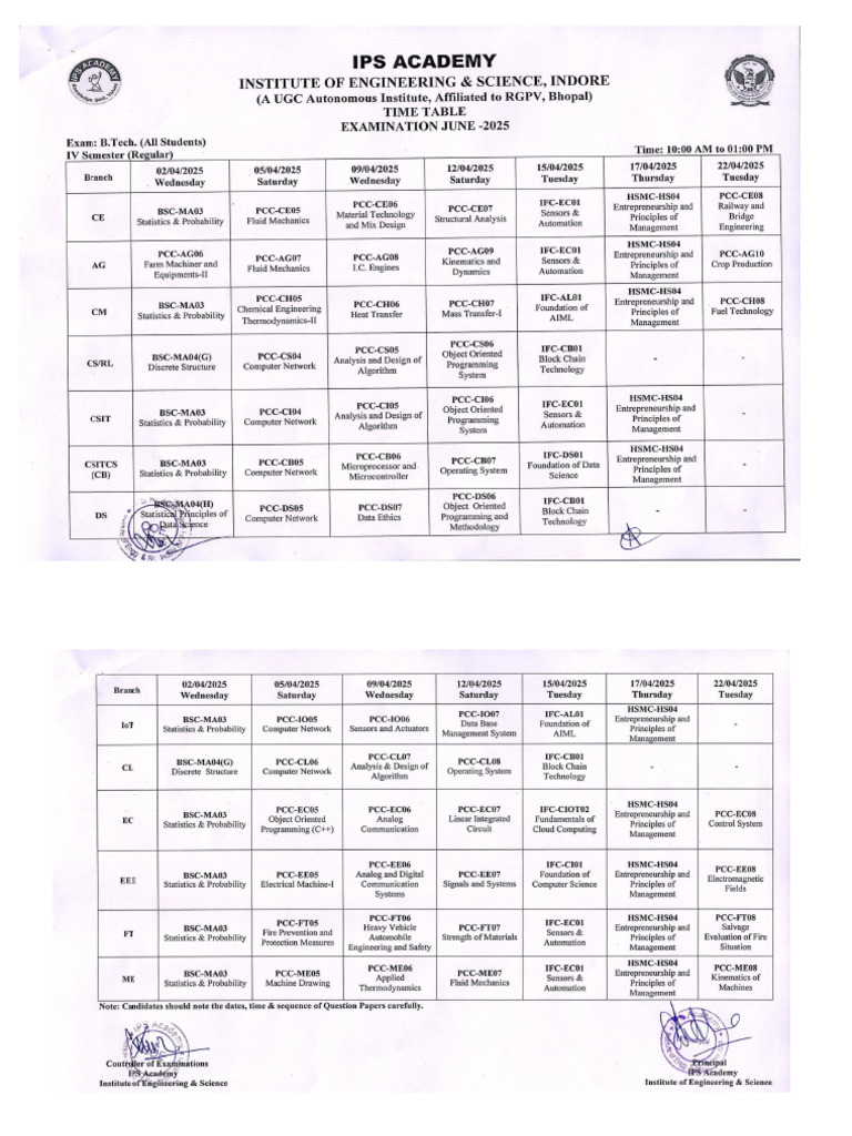 Iv Sem Time Table Examination June 2025 Pdf