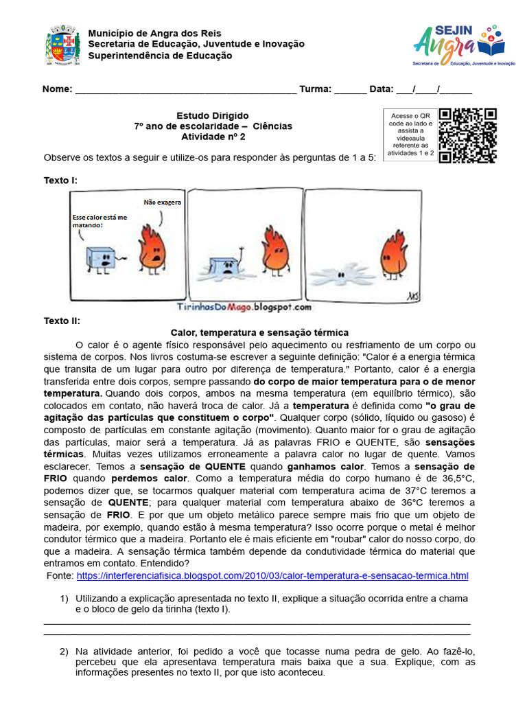 Estudo Dirigido: Calor e Temperatura 7º Ano | PDF | Temperatura | Calor