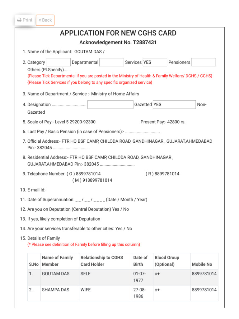 New CGHS Card Application Form | PDF