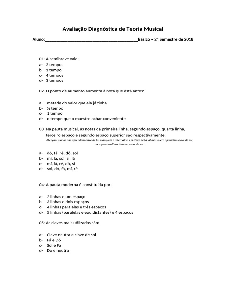 Avaliação de Teoria Musical Básica | PDF | Musicologia | Notação