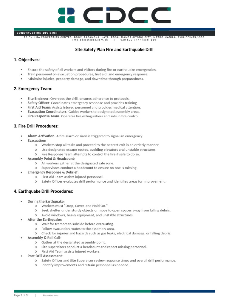 Fire and Earthquake Drill Safety Plan | PDF | Emergency Management ...