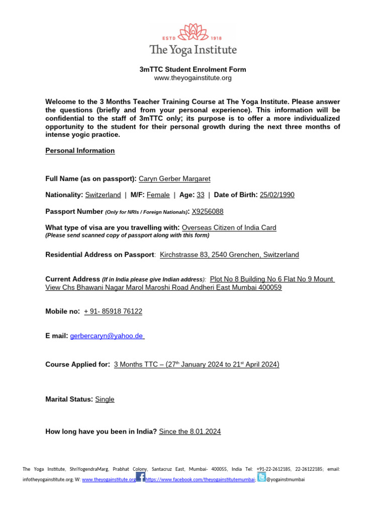 3mTTC Student Enrollment Details | PDF | Yoga