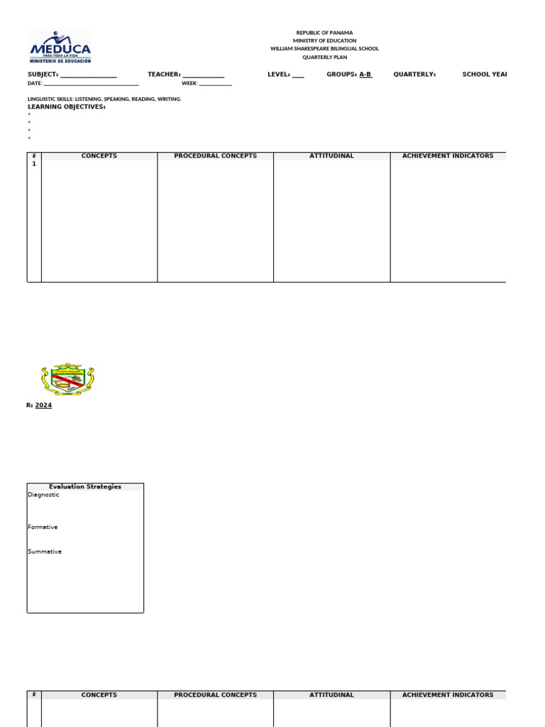 Panama Bilingual School Quarterly Plan | PDF