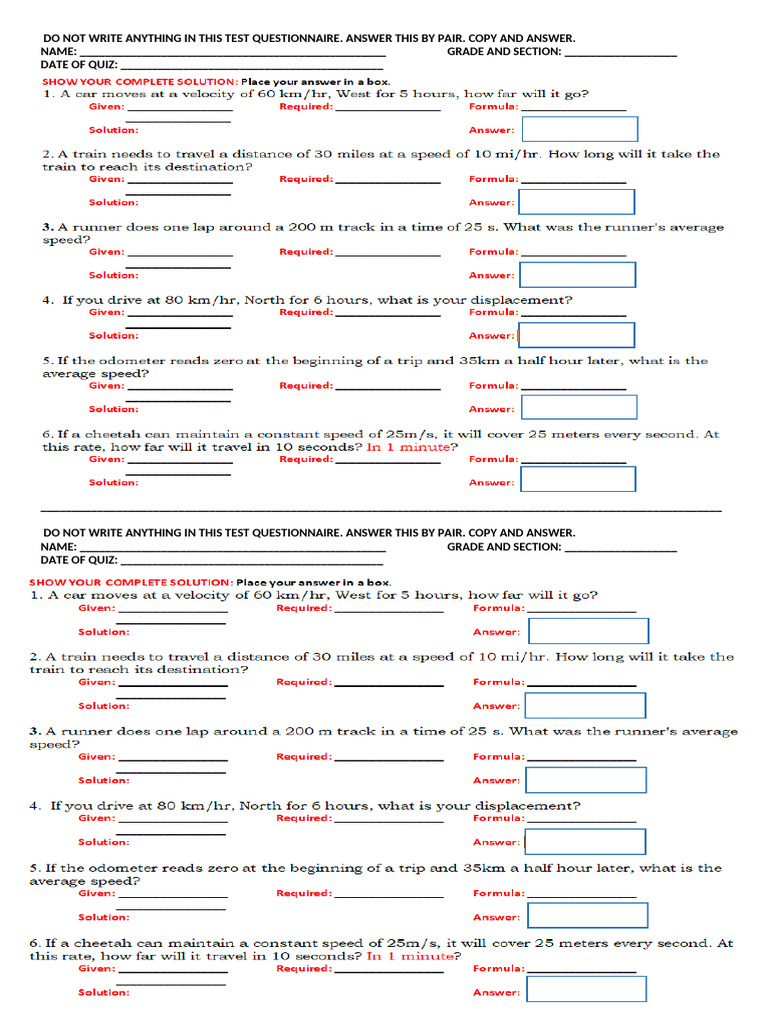Test Questionnaire Instructions | PDF