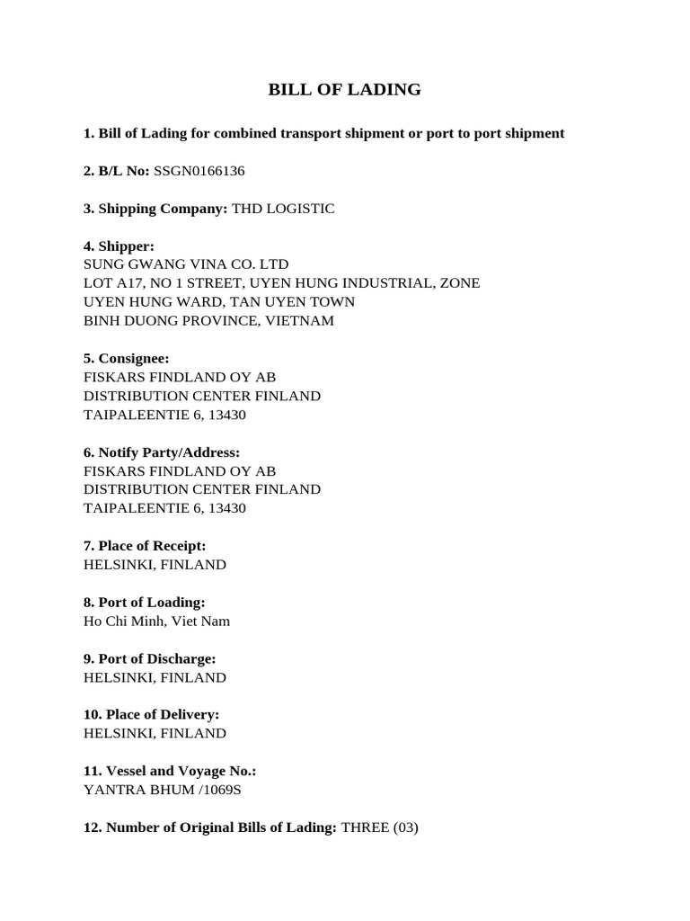 Bill of Lading for THD Logistic Shipment | PDF