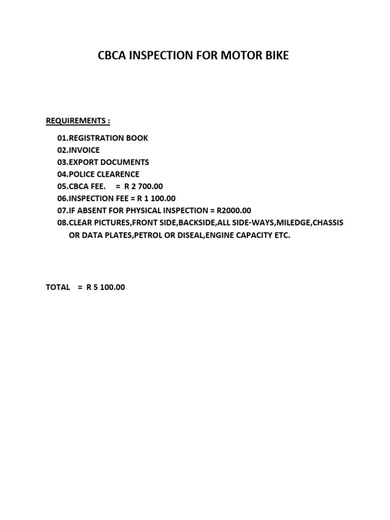 CBCA Bike Inspection Costs and Requirements | PDF
