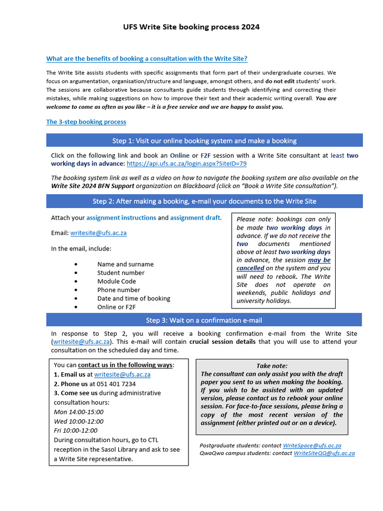 UFS Write Site Booking Guide 2024 | PDF
