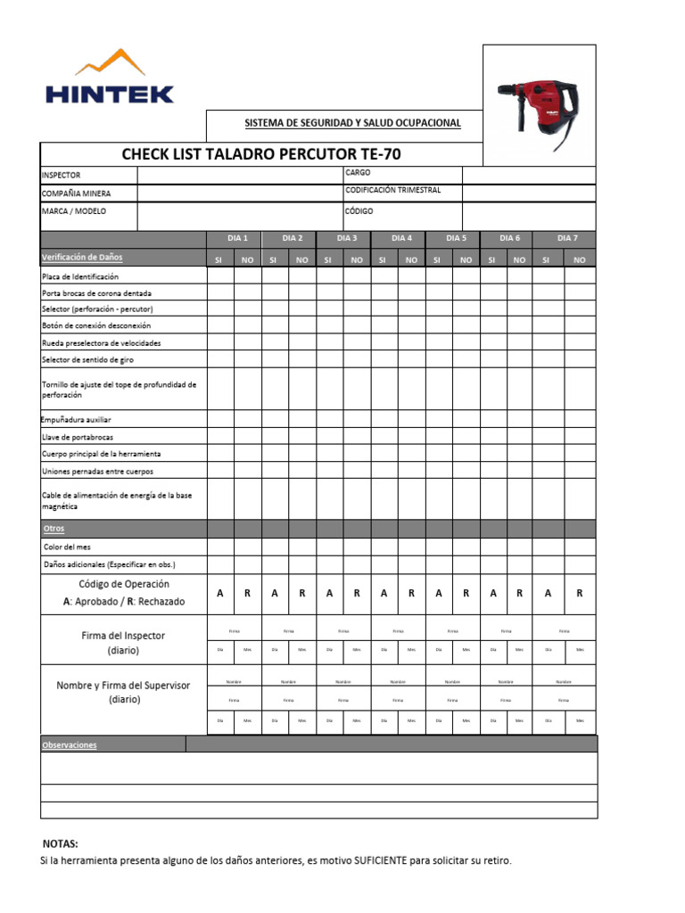 Check List Taladro Percutor TE-70 | PDF | Perforación | Perforar