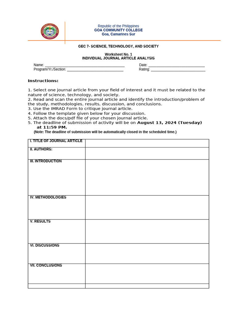 Journal Article Analysis Worksheet | PDF
