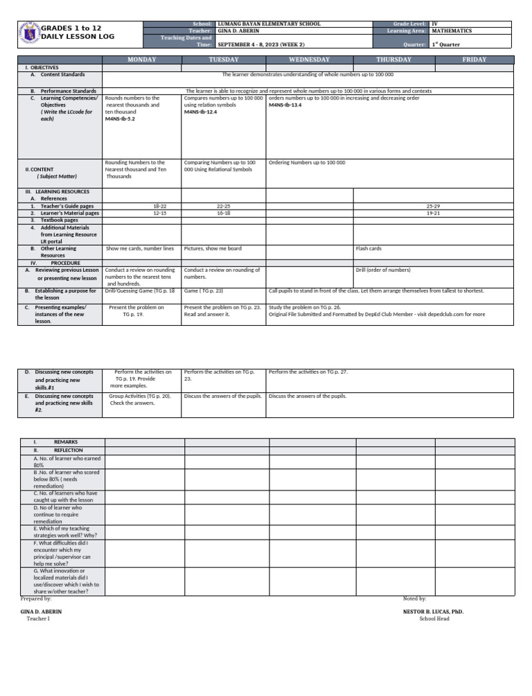 Grade 4 Math Lesson Plan: Week 2 | PDF | Learning | Teachers