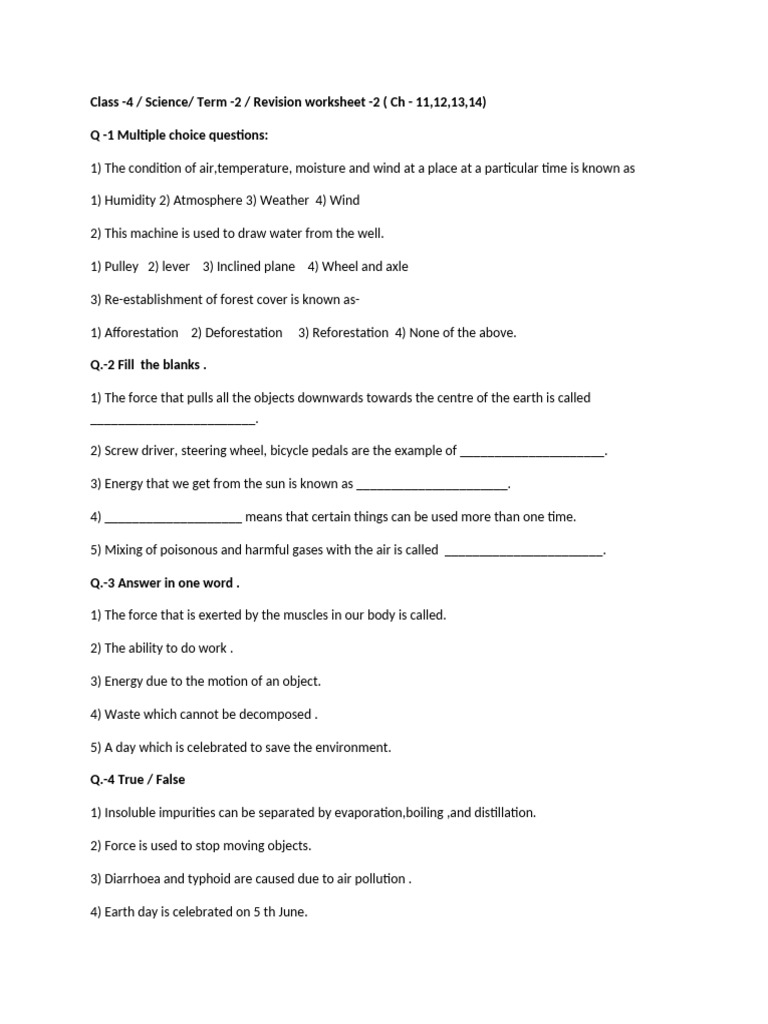 Class - 4 - Science Revision Worksheet 2 | PDF | Machines | Force