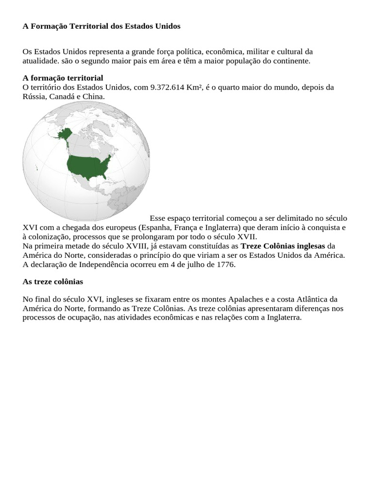 Formação Territorial dos EUA: História e Expansão | PDF | Os Estados ...