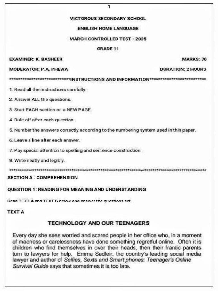 V.S.S GR 11 Eng HL Term 1 March Controlled Test 2025 | PDF